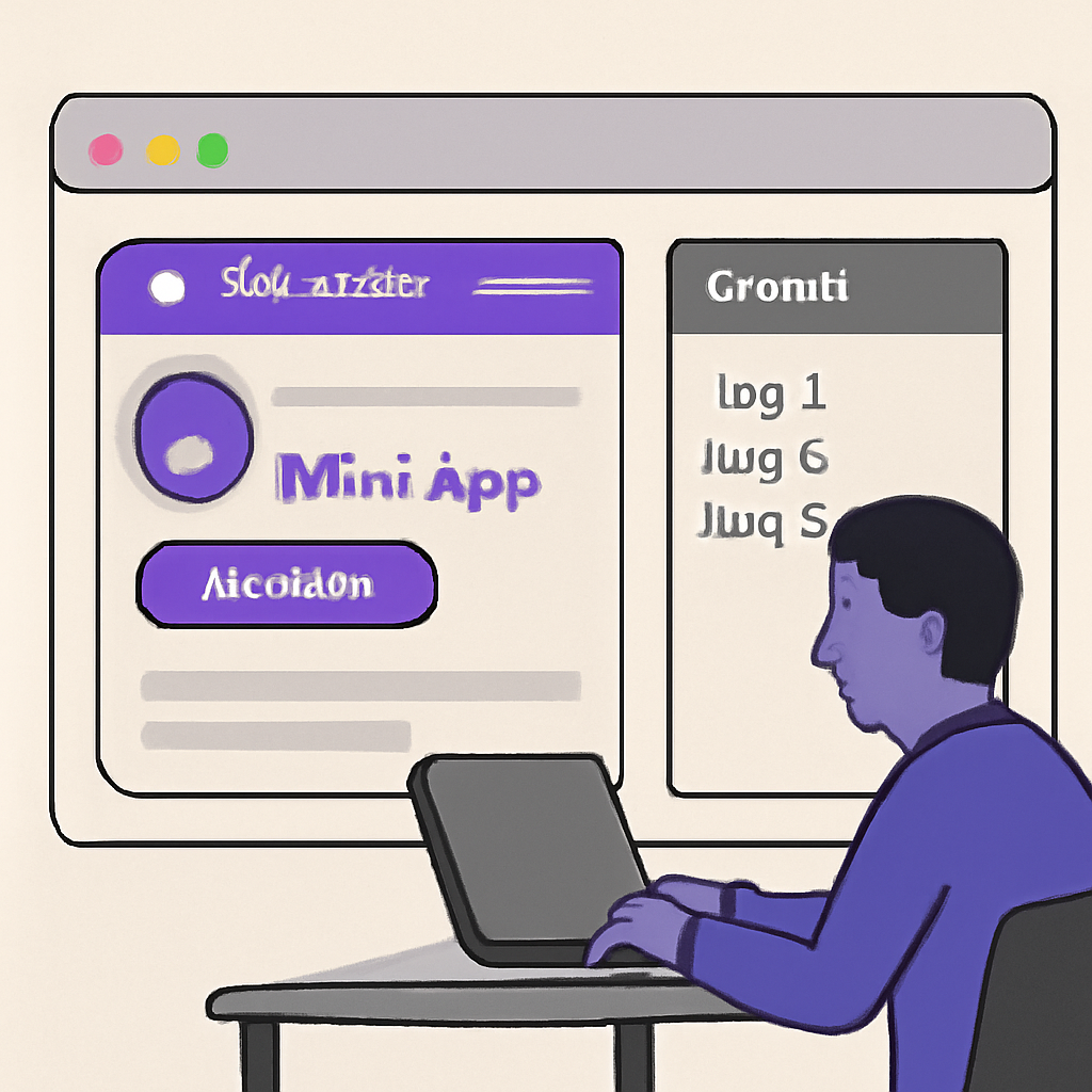 A developer debugging a Mini App in a browser with console logs and a preview of the app inside a Farcaster feed.