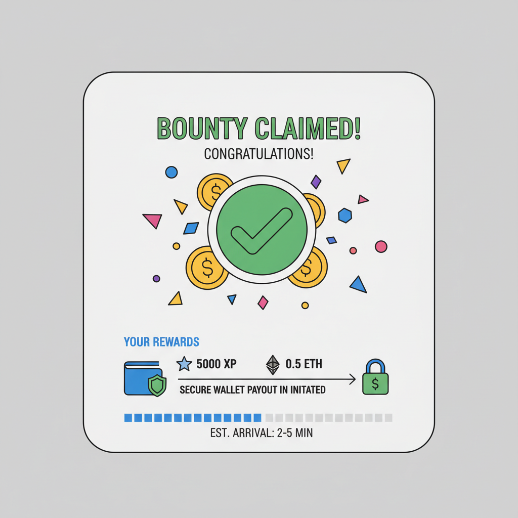 successful bounty claim screen with rewards, confetti effects, secure wallet payout visualization