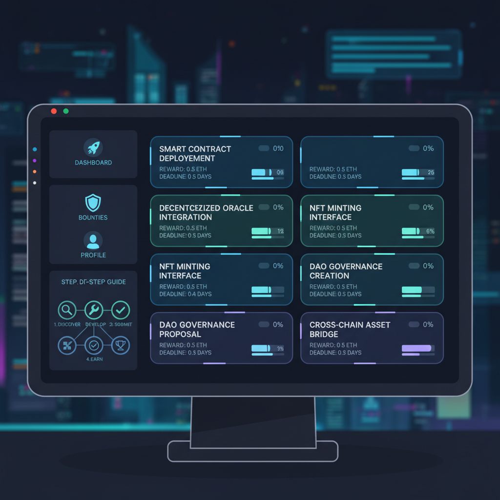 web3 bounty task list on sleek dashboard, glowing cards with tasks, dark mode sci-fi design