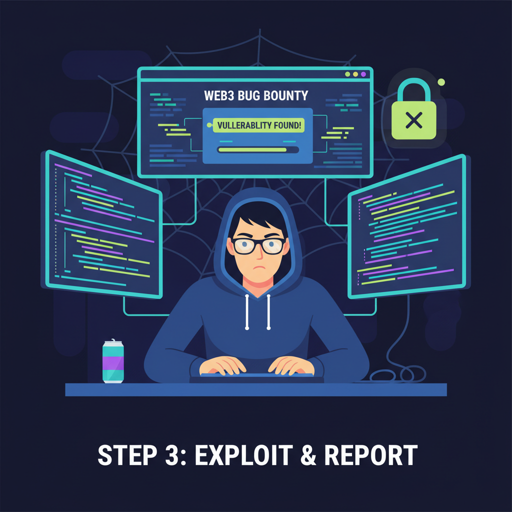 hacker at desk completing web3 bug bounty task, code screens, focused intense atmosphere