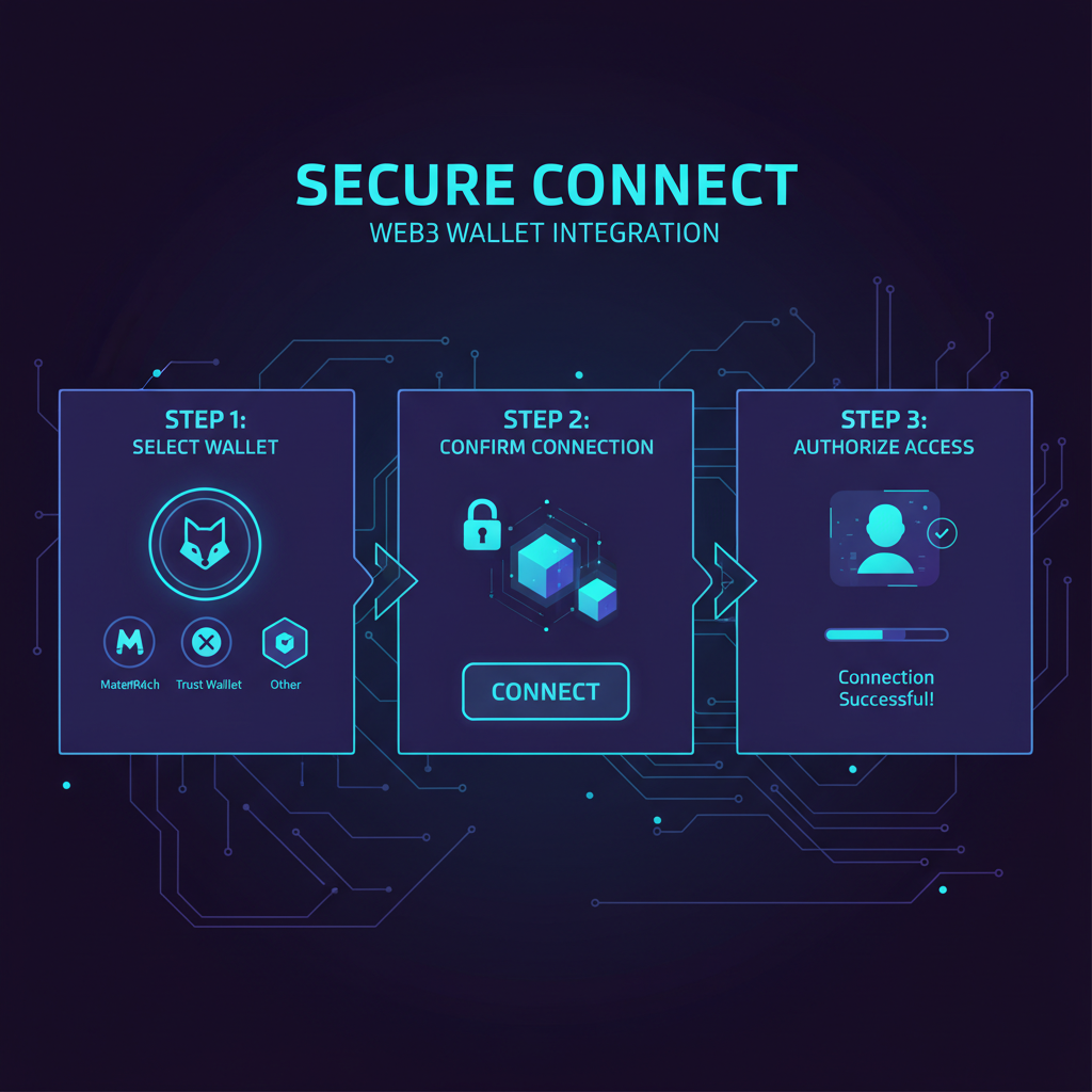 futuristic web3 wallet connection interface on secure platform dashboard, neon blues, cyberpunk style
