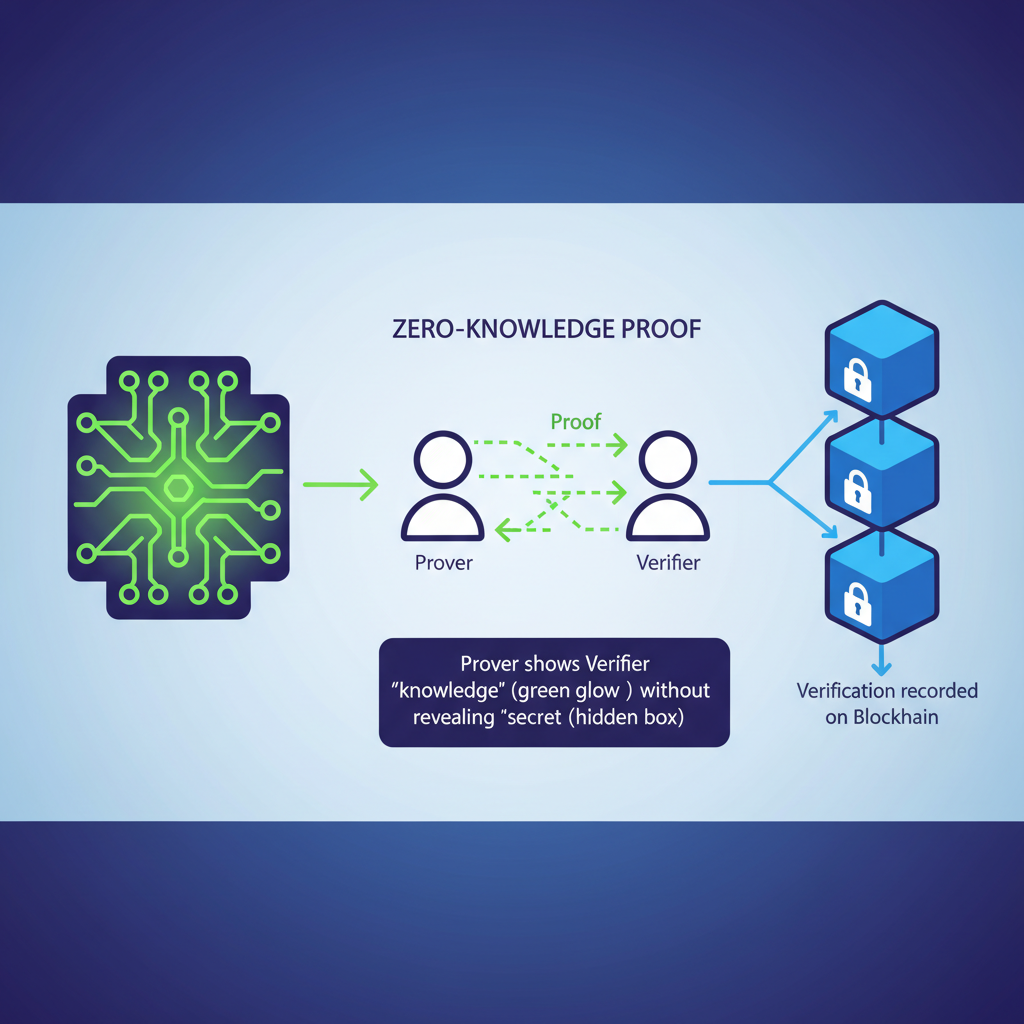 generating zero-knowledge proof visualization, abstract cryptographic circuits glowing green, blockchain nodes