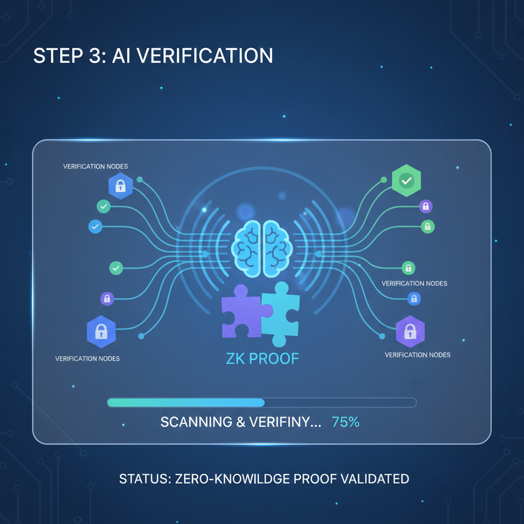 AI neural network scanning ZK proof, data flows and verification nodes, futuristic AI interface