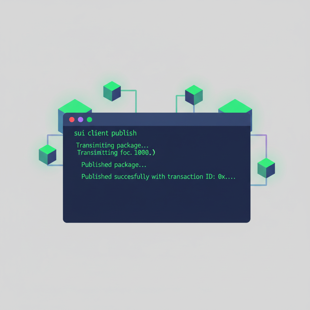 Command line terminal executing sui client publish command successfully, green output, blockchain nodes glowing