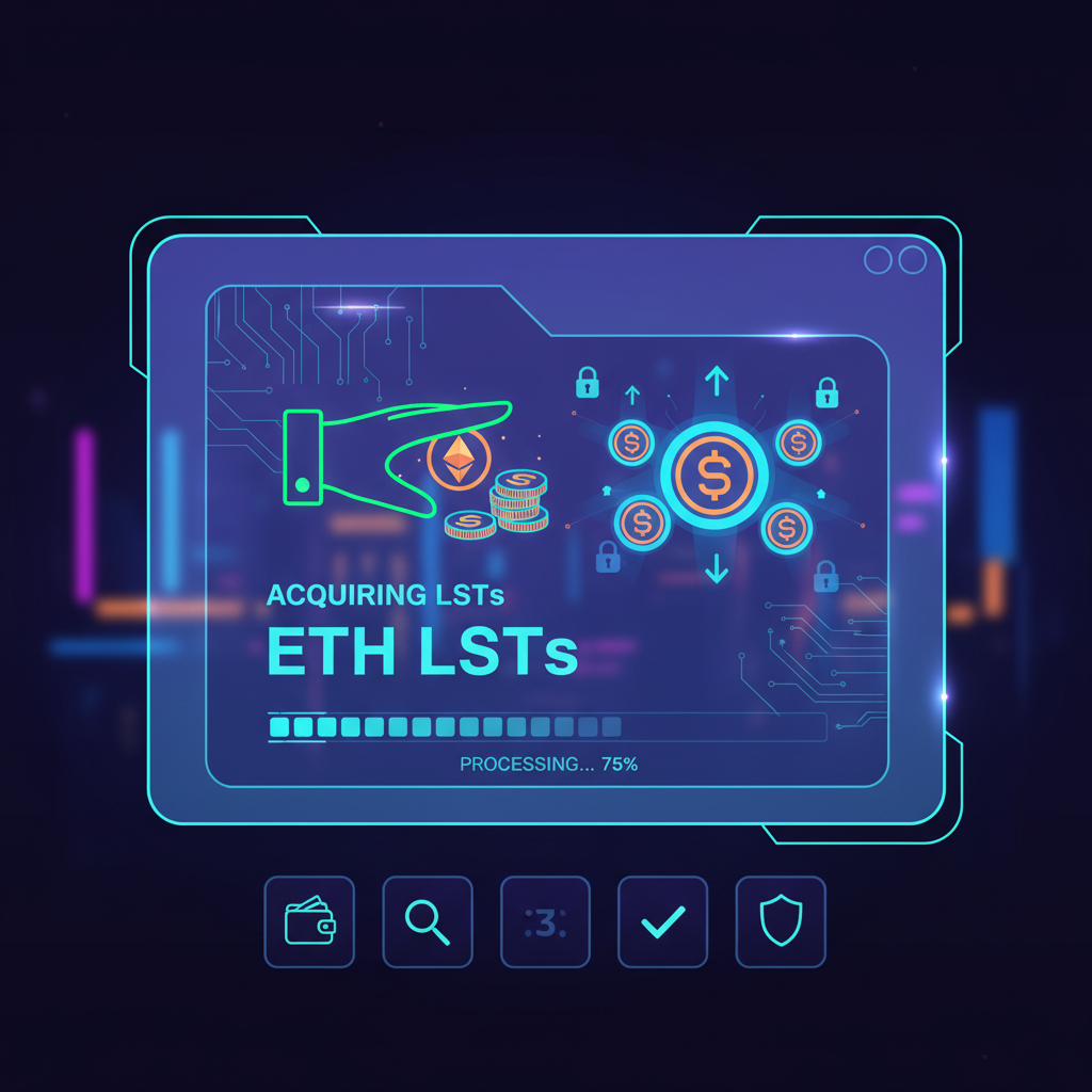 futuristic wallet interface acquiring ETH LSTs glowing with staking icons, cyberpunk style