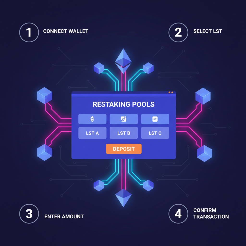 EigenLayer dashboard depositing LSTs into restaking pools, vibrant neon Ethereum nodes connecting