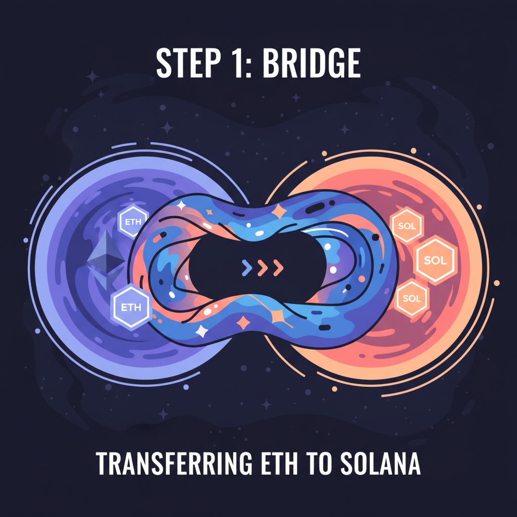 Wormhole bridge portal transferring ETH tokens from Ethereum to Solana, cosmic wormhole effect