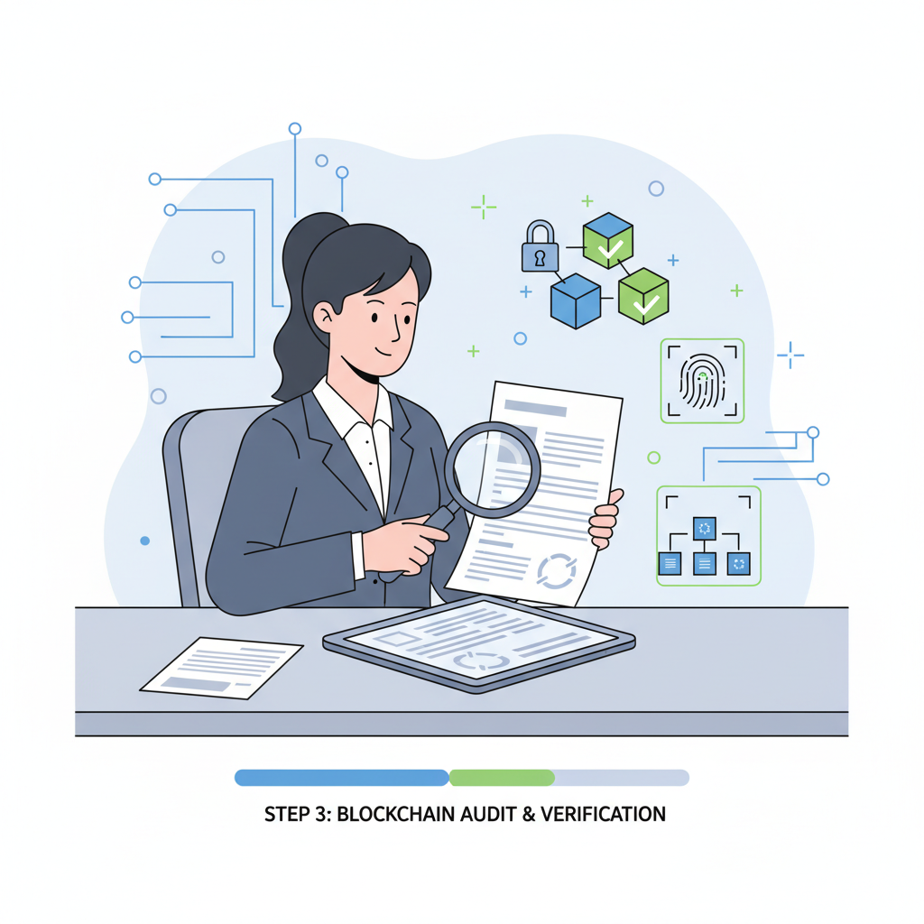 lawyer auditing patent documents with blockchain verification icons, precise technical illustration