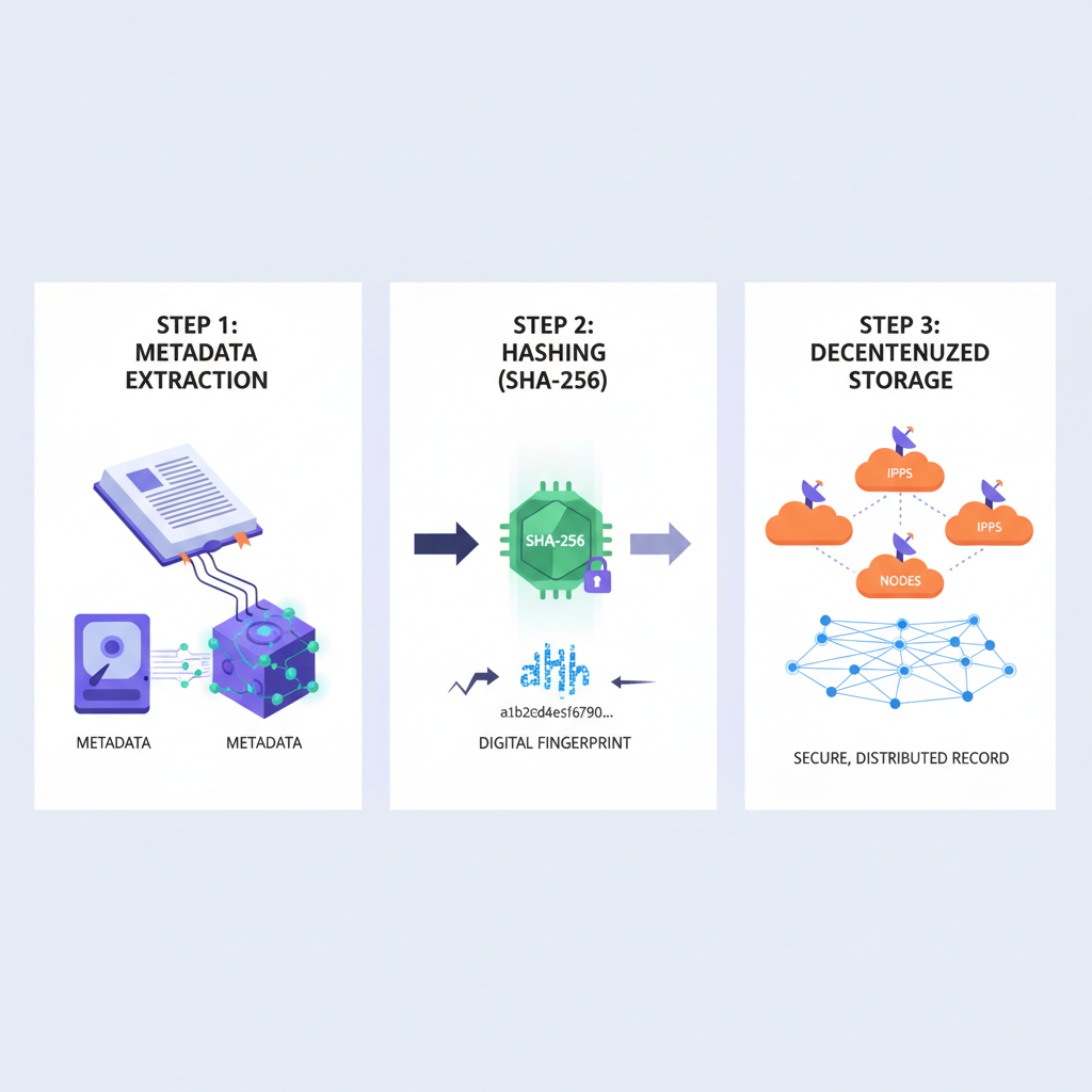 generating SHA-256 hash of patent metadata stored on blockchain with IPFS nodes, digital tech viz