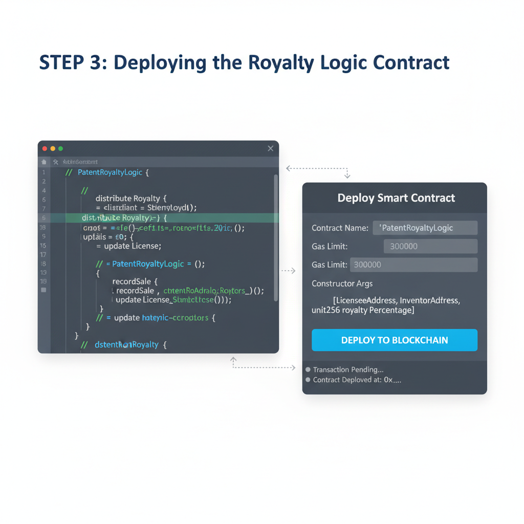 Solidity code editor deploying smart contract for patent royalty logic, blockchain dev interface