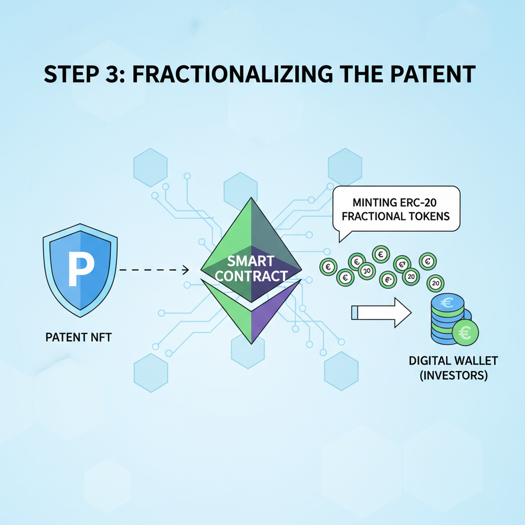 minting ERC-20 fractional tokens linked to patent NFT on Ethereum blockchain, clean tech render