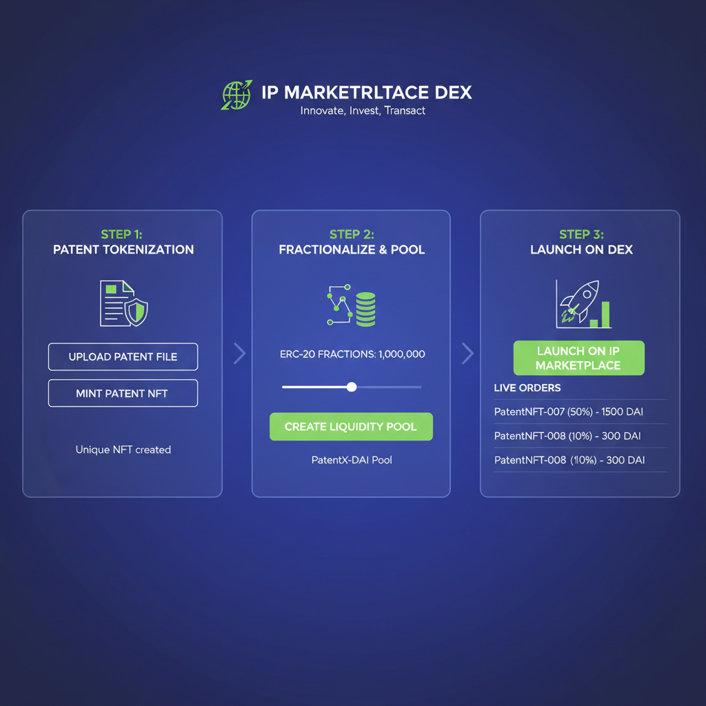 launching patent NFT with ERC-20 fractions on IP marketplace DEX dashboard, futuristic UI