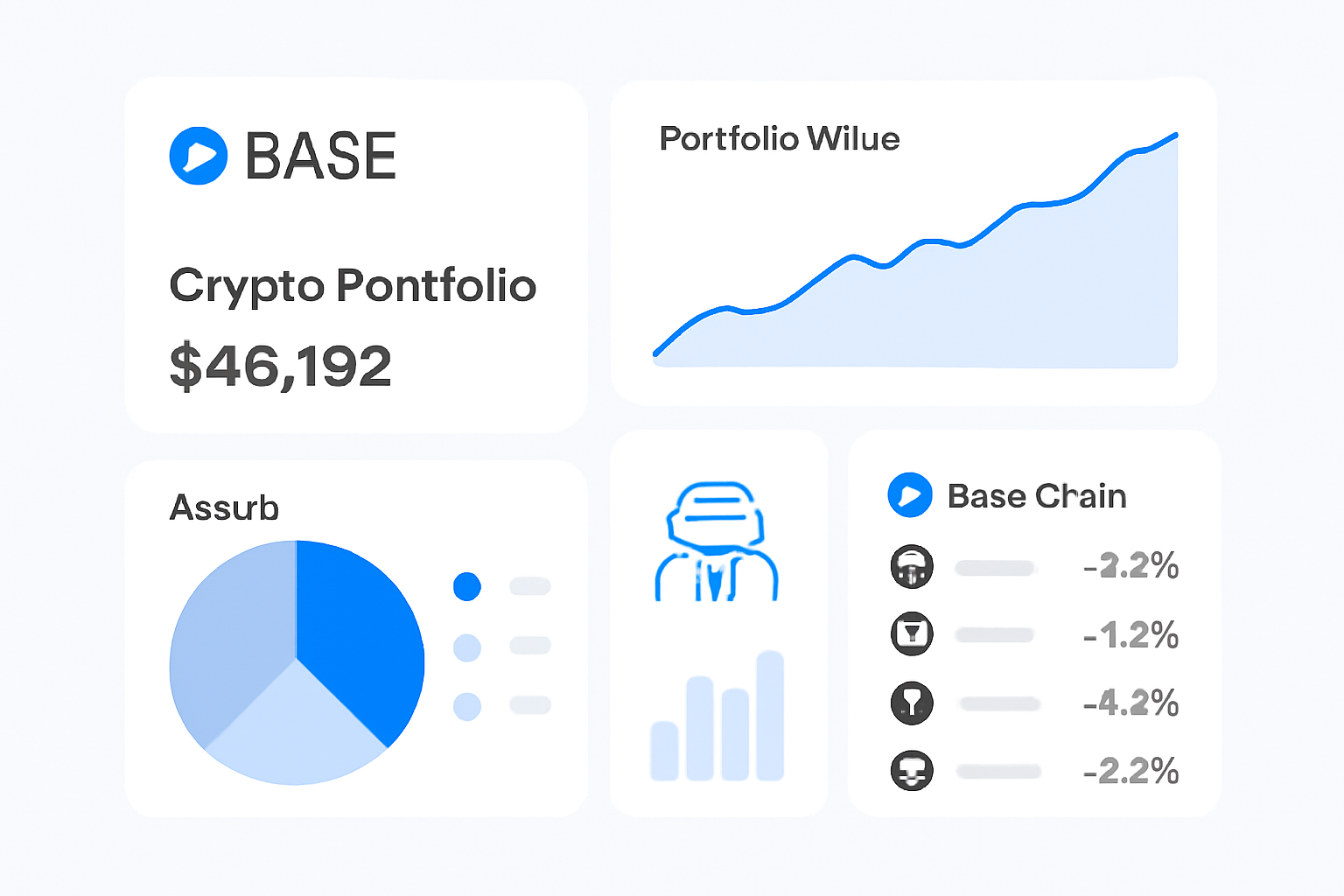 A clean digital dashboard displaying crypto portfolio analytics, charts, and Base Chain branding, with AI elements and user-friendly design