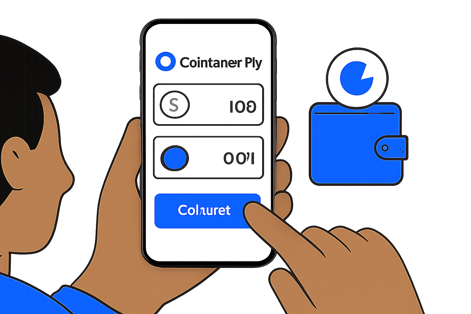 A person using a smartphone to convert fiat currency to crypto via Coinbase Pay, with Base Chain logo and digital wallet interface, modern and user-friendly style