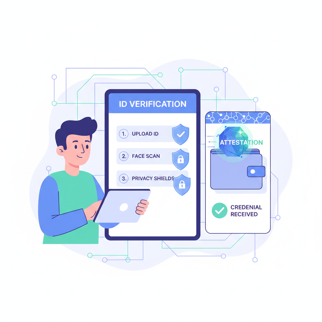 user receiving digital credential on blockchain wallet, ID verification flow, privacy shields, glowing attestation token