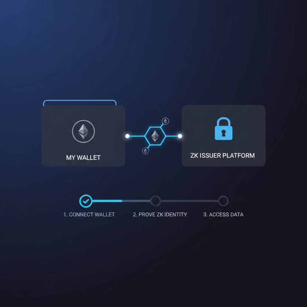 wallet connecting to ZK issuer platform, ethereum icons linking, secure bridge visualization, dark mode UI