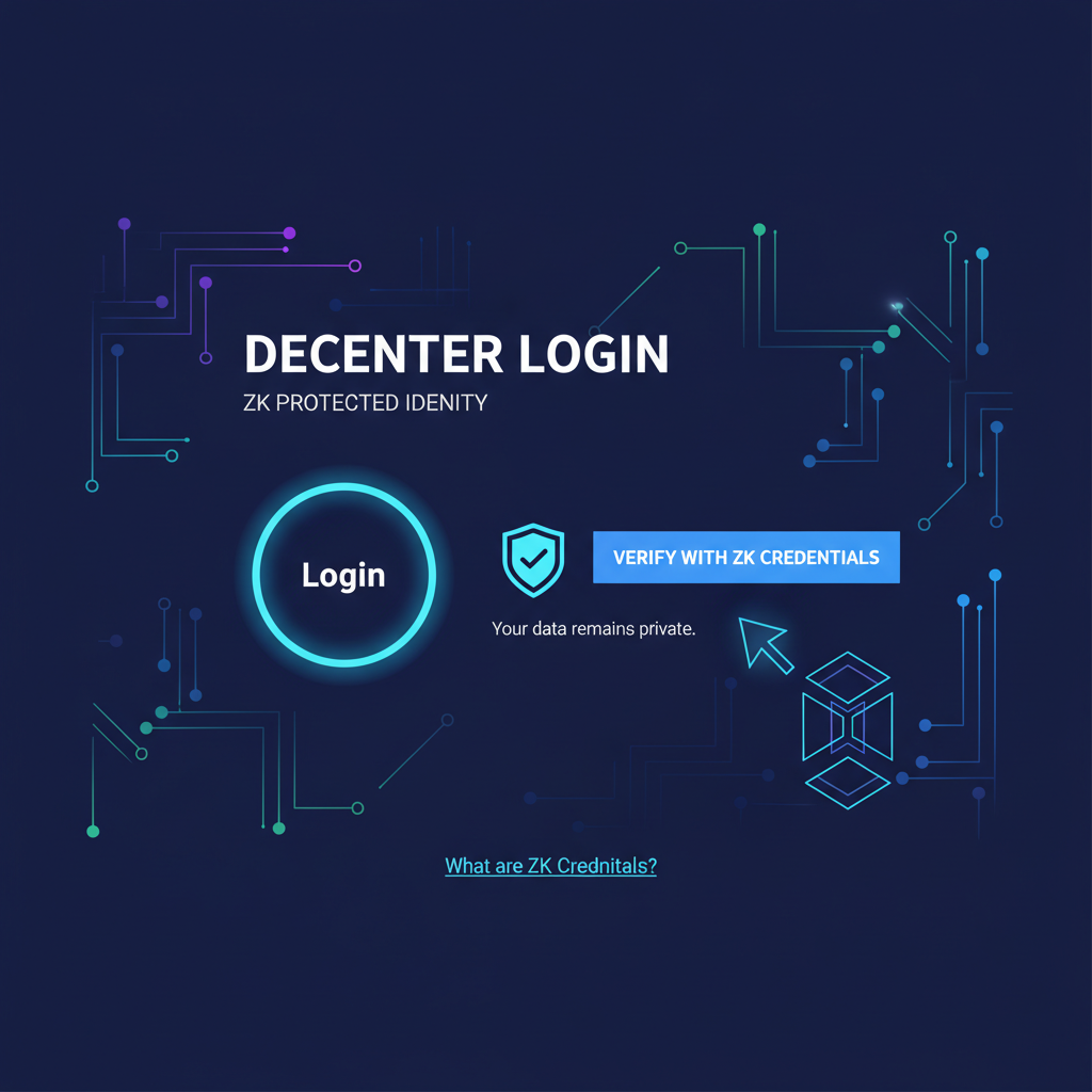 dApp interface using ZK credentials, user login without data reveal, futuristic blockchain ecosystem, vibrant secure network