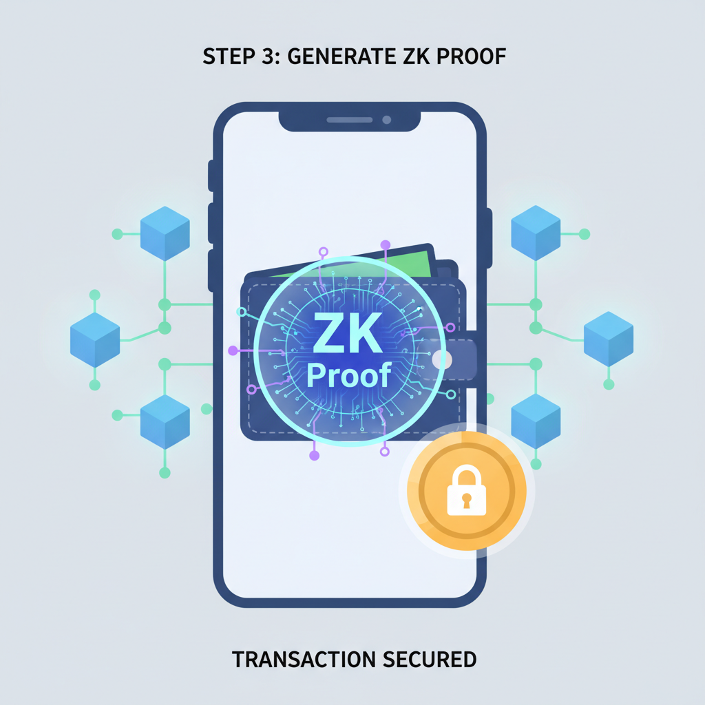 generating ZK proof in wallet, cryptographic circuits glowing, tamper-proof seal, blockchain nodes
