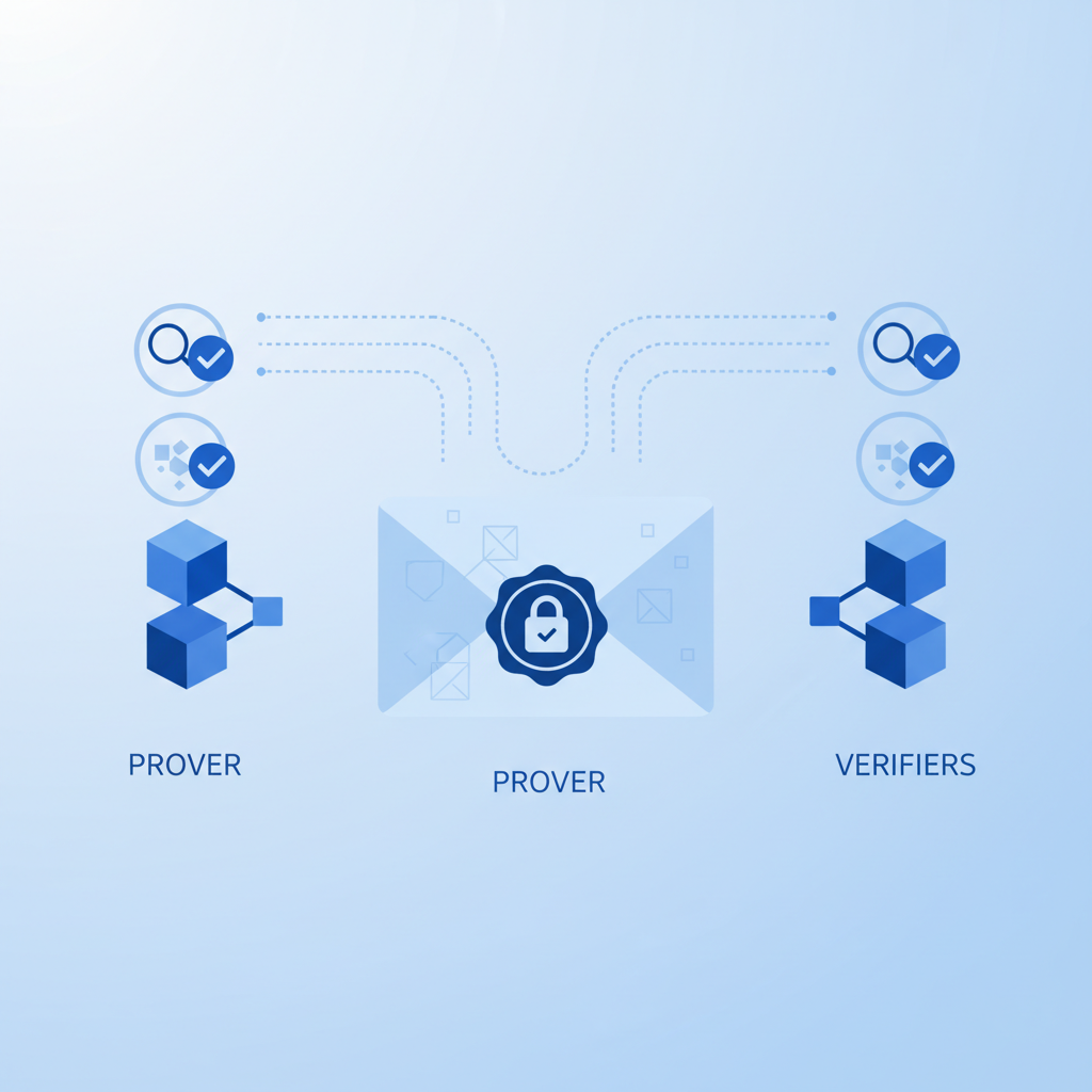 abstract zero-knowledge proof diagram, opaque envelope with tamper-proof seal, blockchain nodes verifying, minimalist blue tones