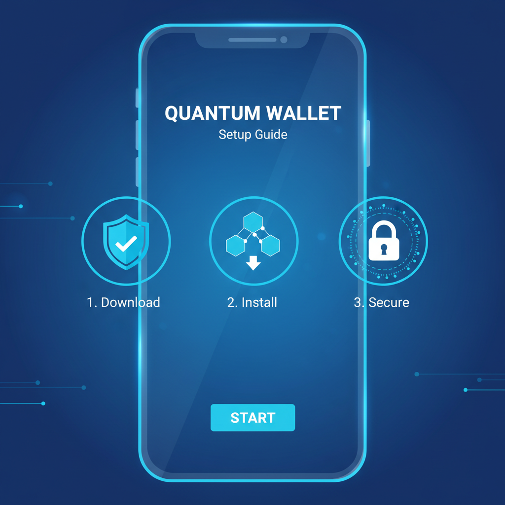 futuristic blockchain wallet app installation screen on mobile, clean UI, secure lock icon, blue tones