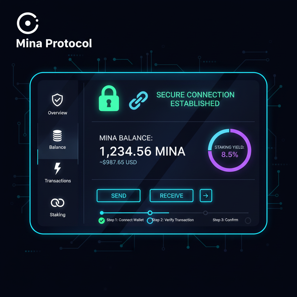 sleek blockchain wallet interface on desktop, Mina Protocol logo, secure connection icons, dark mode cyber aesthetic