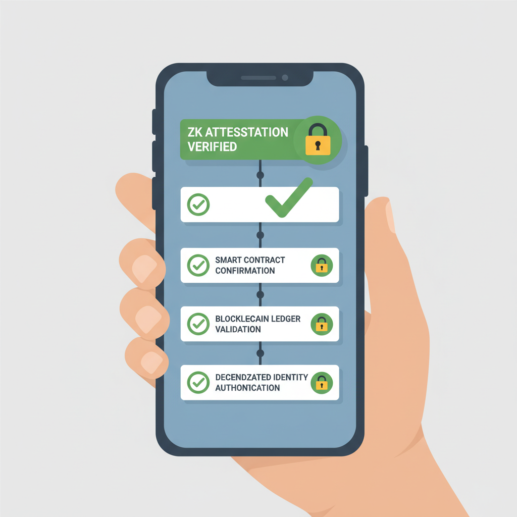 wallet screen verifying ZK attestation, green checkmarks, blockchain verification chain, secure lock icons