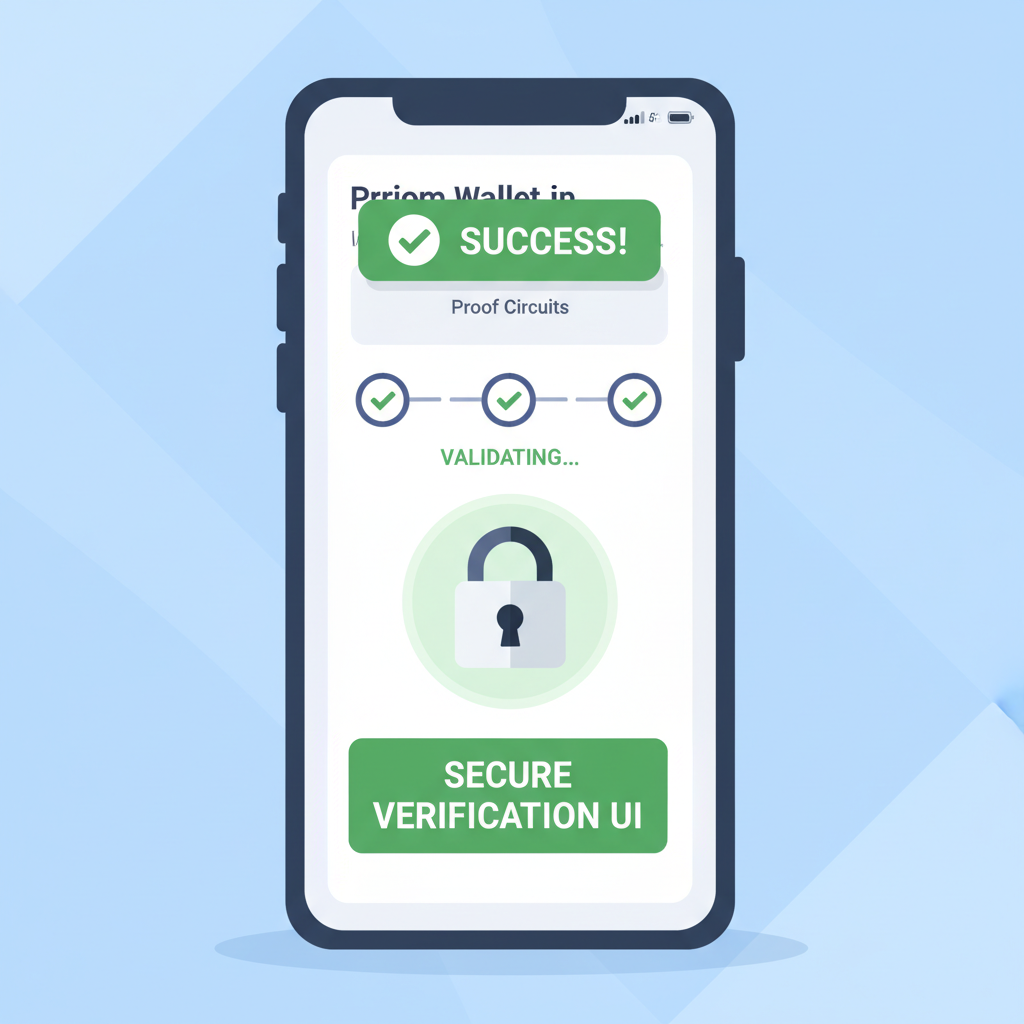 verifying ZK attestation in wallet app, success badge, proof circuits validating, secure verification UI