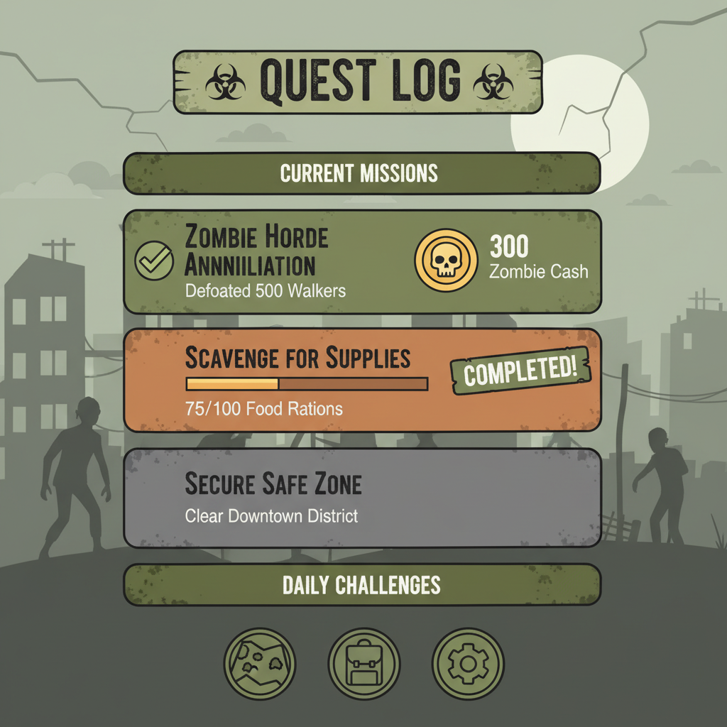 mobile game quest log screen showing 300 Zombie Cash reward completion in zombie apocalypse theme