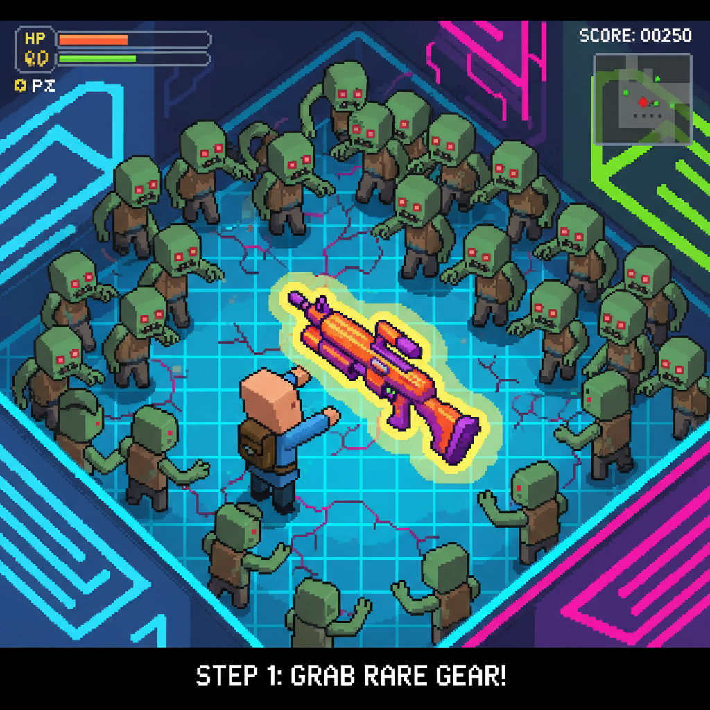 top-down roguelike shooter pixel art, player grabbing glowing rare weapon drop amid zombie horde in neon-lit world 1 level