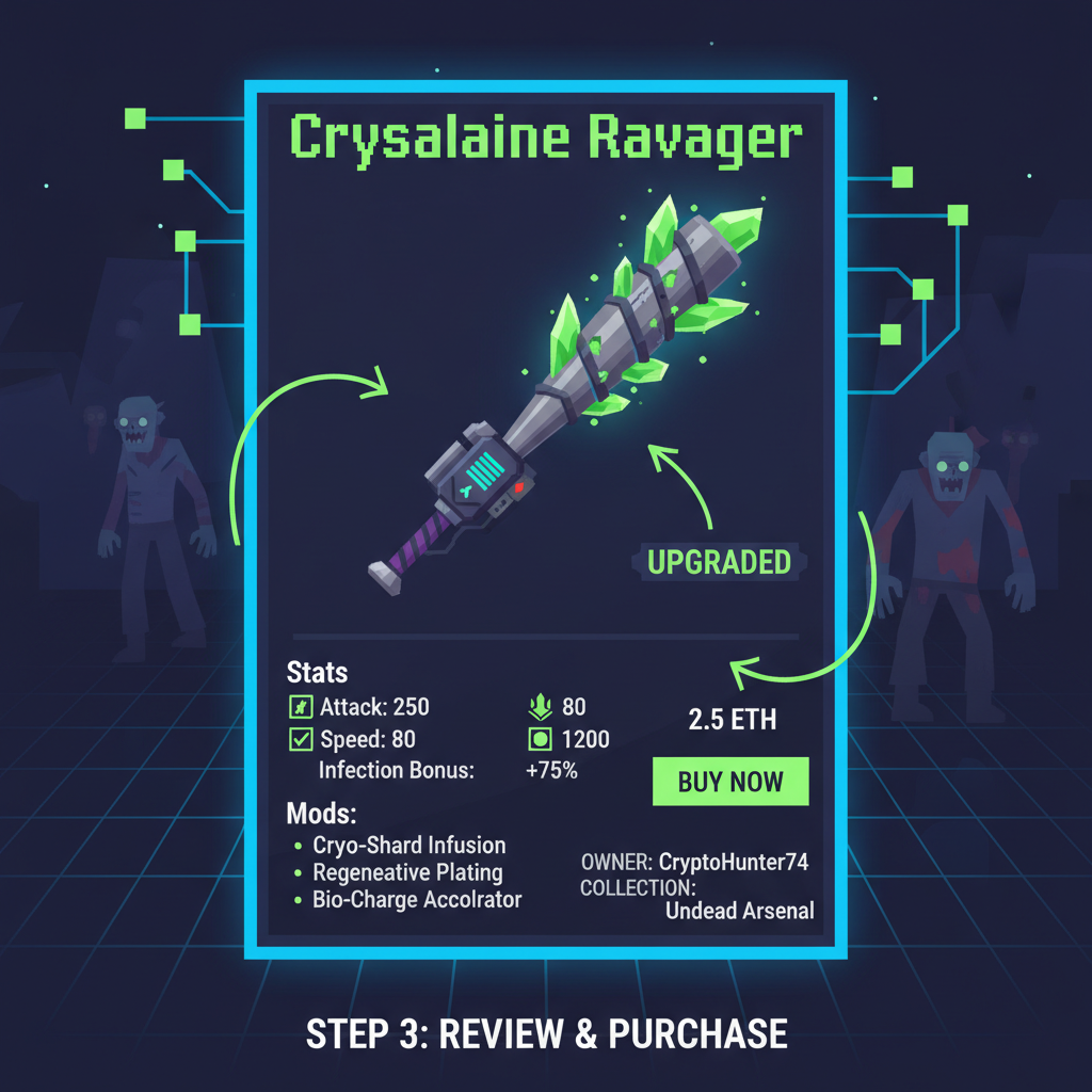 blockchain NFT marketplace listing upgraded zombie world weapon with stats and mods display
