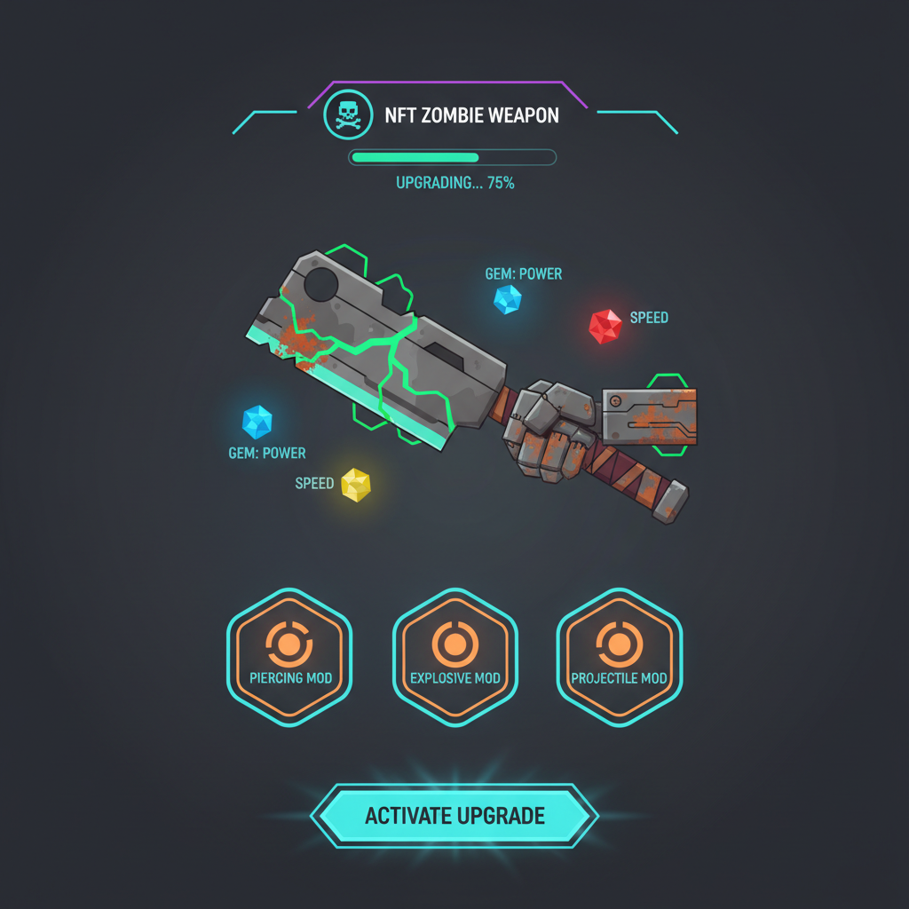 cyberpunk refinery UI upgrading NFT zombie weapon with gems, piercing explosive mods glowing