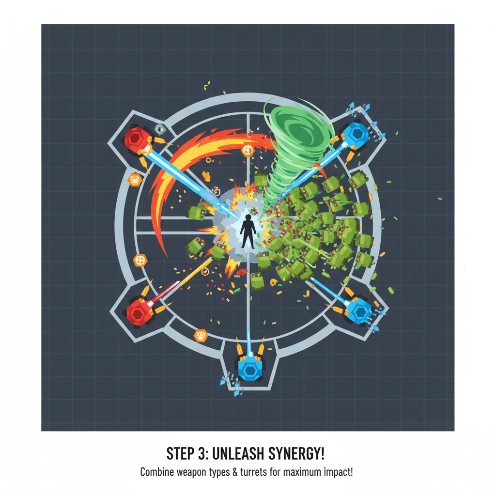 intense top-down battle, upgraded weapon synergies exploding zombie waves with turrets