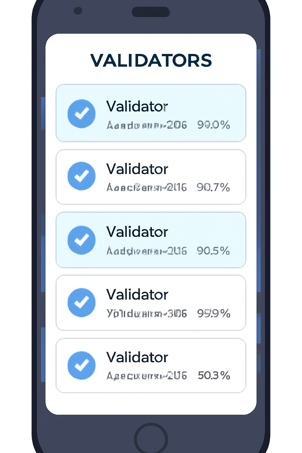 A list of validators on a mobile wallet screen, with different commission rates and uptime percentages, some validators highlighted, clean and informative style.