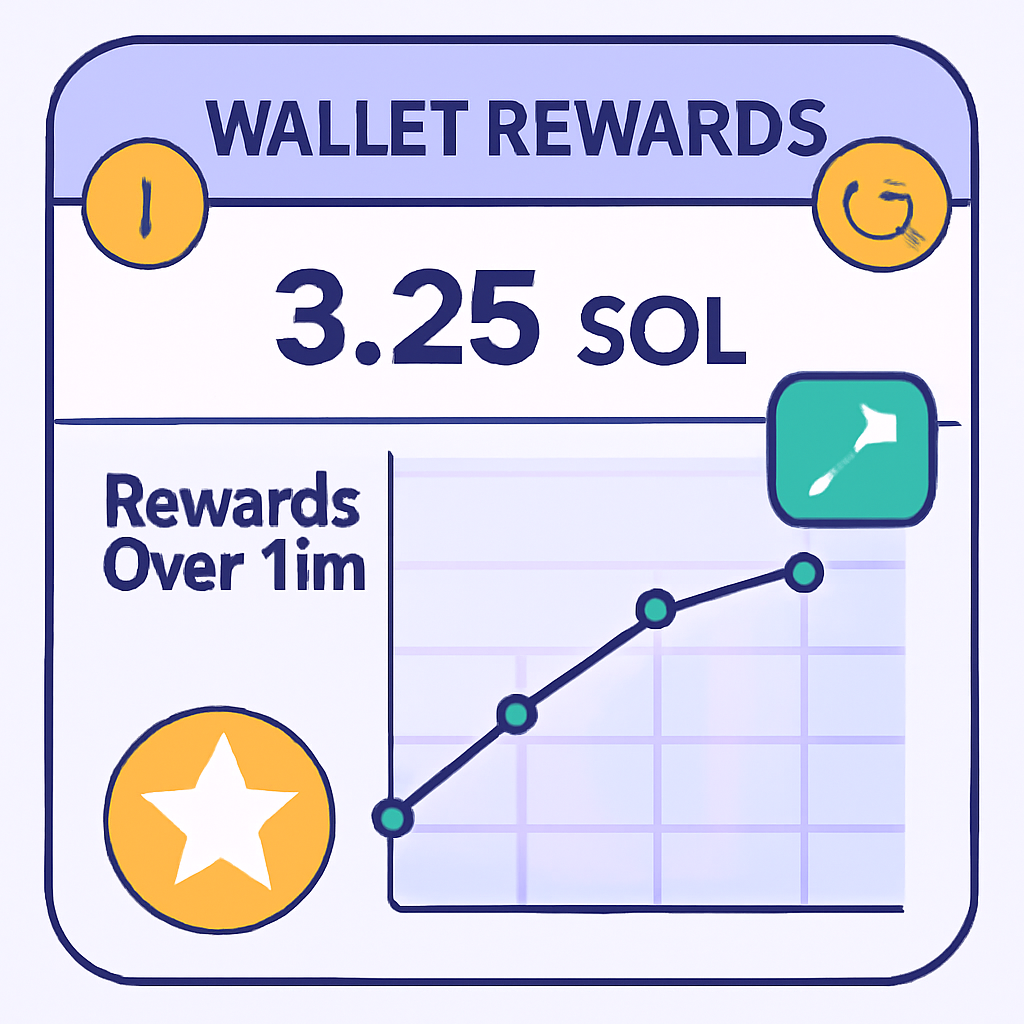 A wallet rewards dashboard showing increasing SOL rewards over time, with a graph and notification icons, cheerful and motivating style.