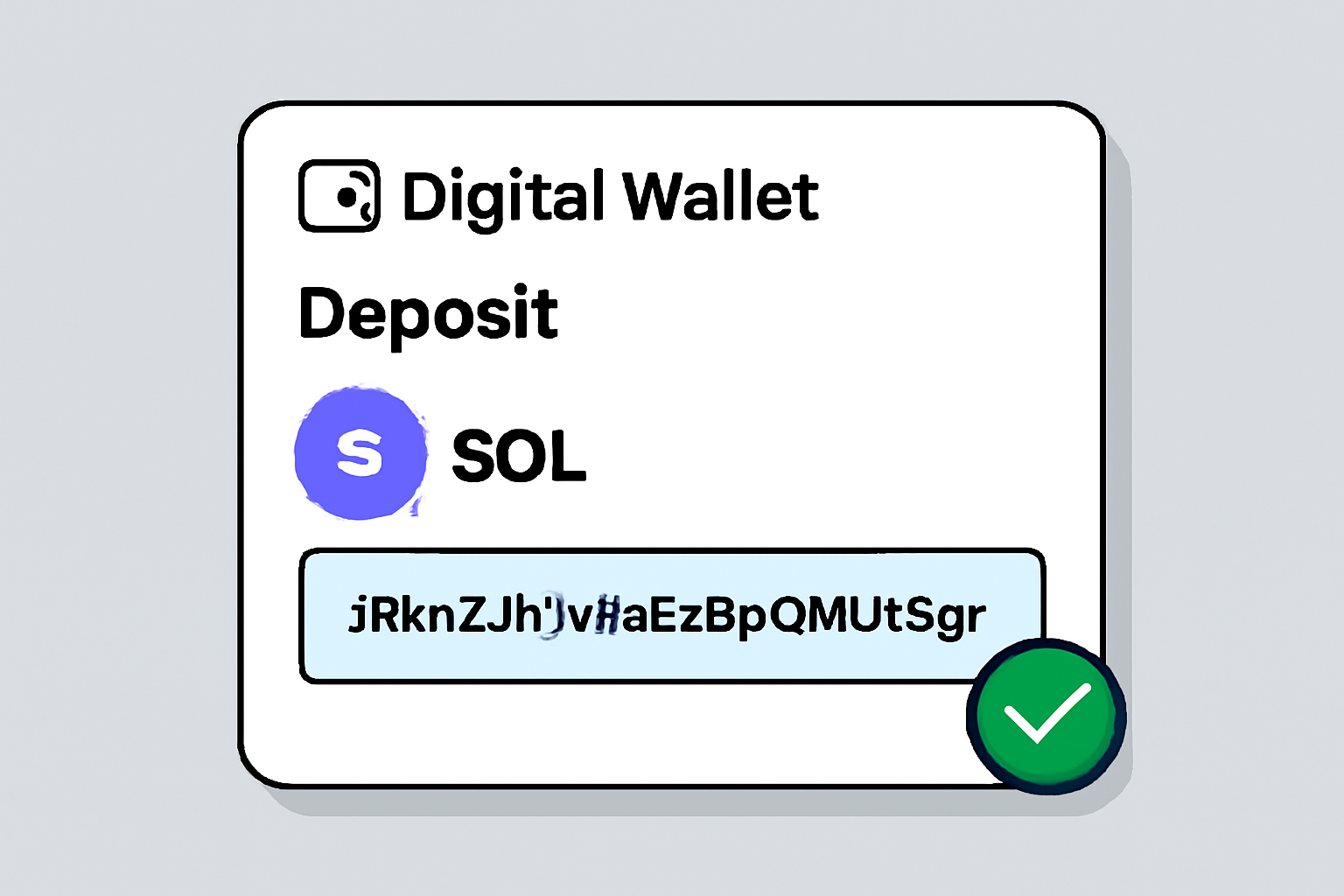 A digital wallet interface showing a deposit of SOL tokens, with a highlighted wallet address and a confirmation checkmark, modern and secure look.