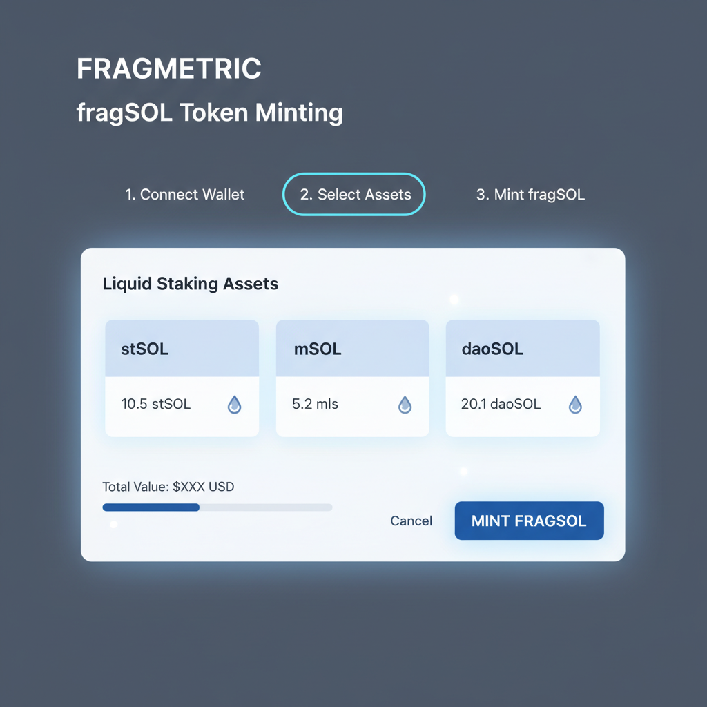 fragSOL token minting screen on Fragmetric, liquid staking assets glowing blue