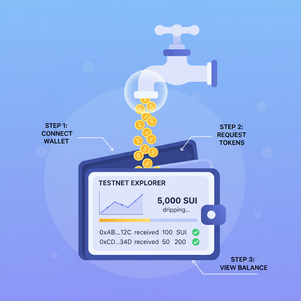 faucet dripping golden SUI tokens into wallet testnet explorer interface dynamic