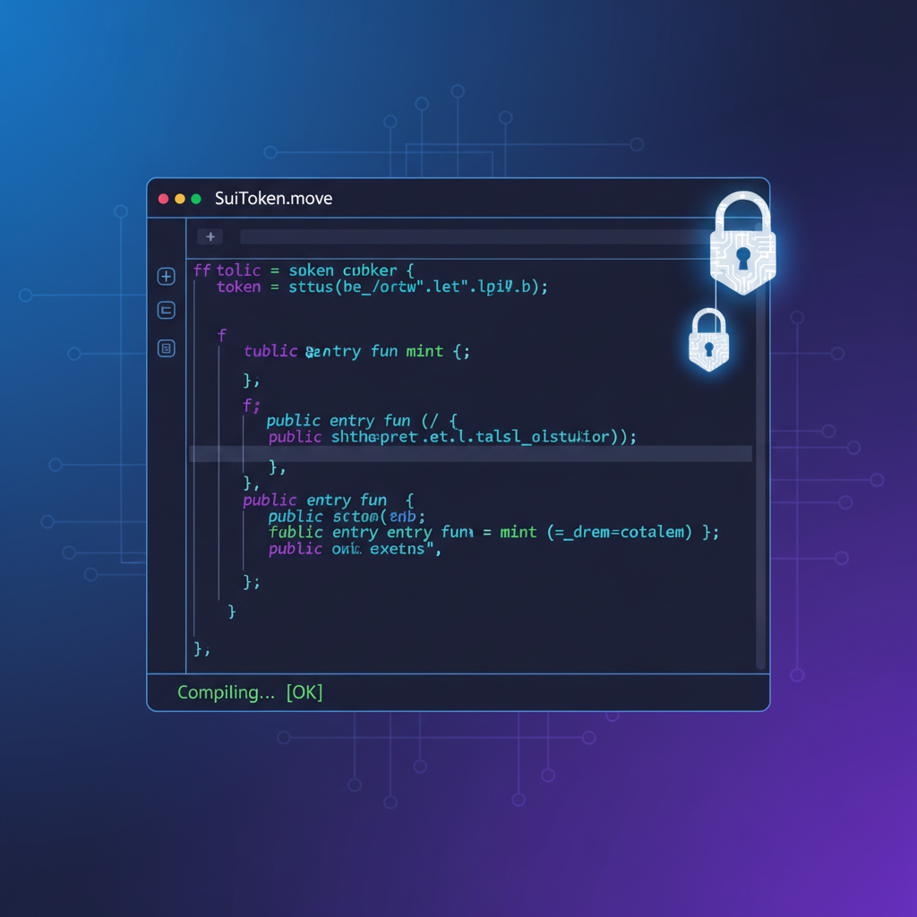 code editor with Sui Move token contract code, highlighted syntax, security locks icons, dark mode futuristic