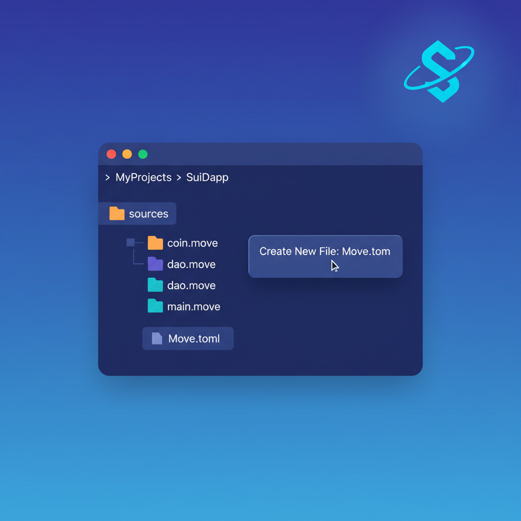 file explorer creating Move.toml package, Sui logo glowing, folder structure with Move files, vibrant digital art