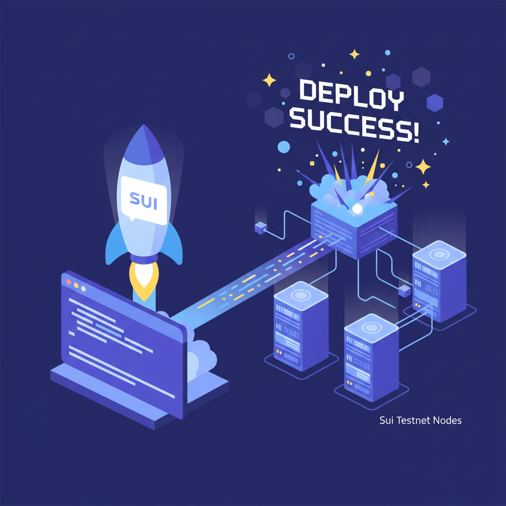 rocket launching smart contract to blockchain, Sui testnet nodes connecting, explosive deploy success, cosmic style
