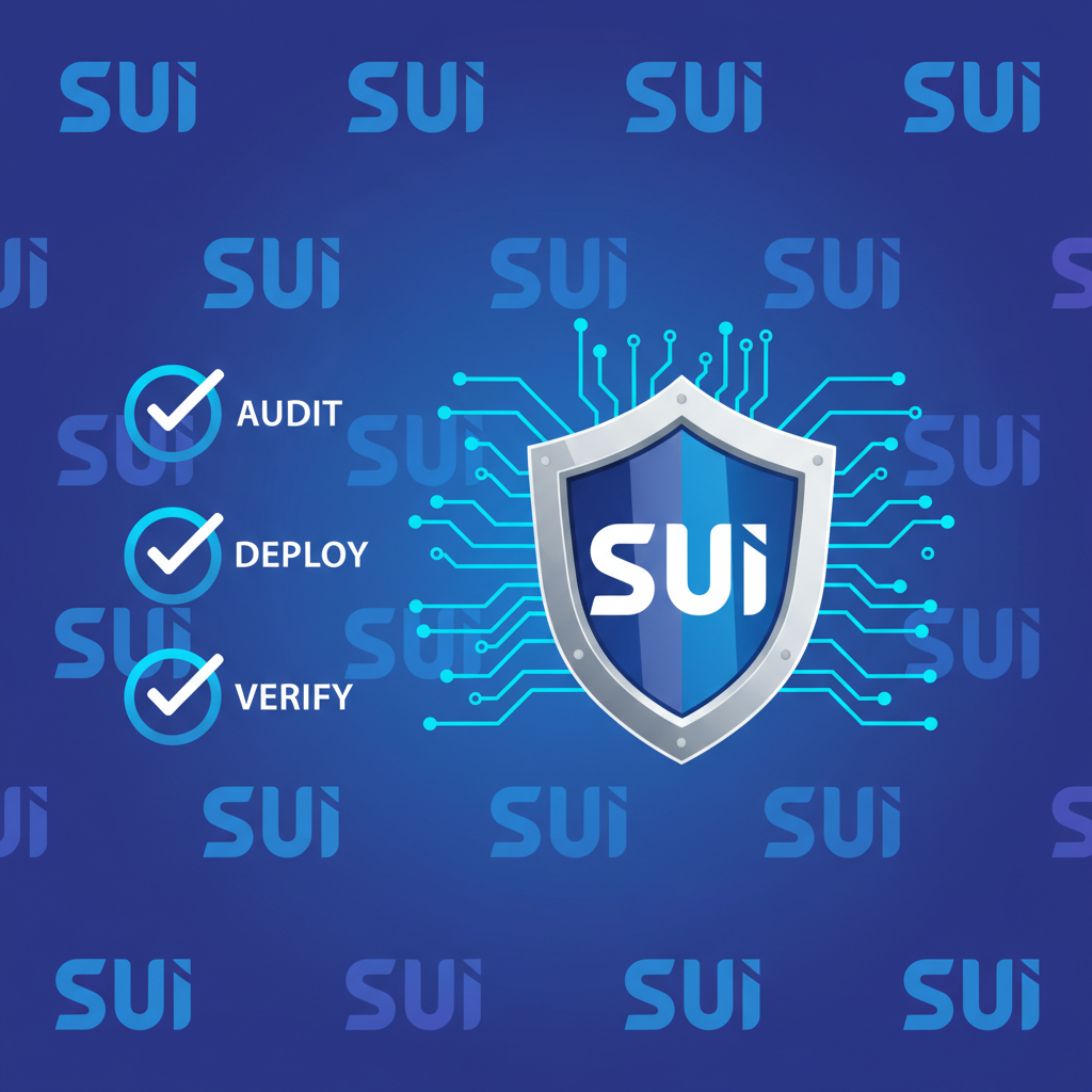 shield protecting smart contract code, checklist icons, Sui blockchain background, bold metallic design
