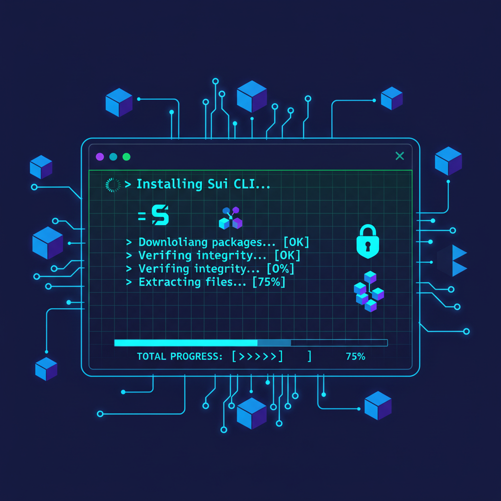 terminal installing Sui CLI, neon blue code lines, blockchain icons, energetic cyberpunk style