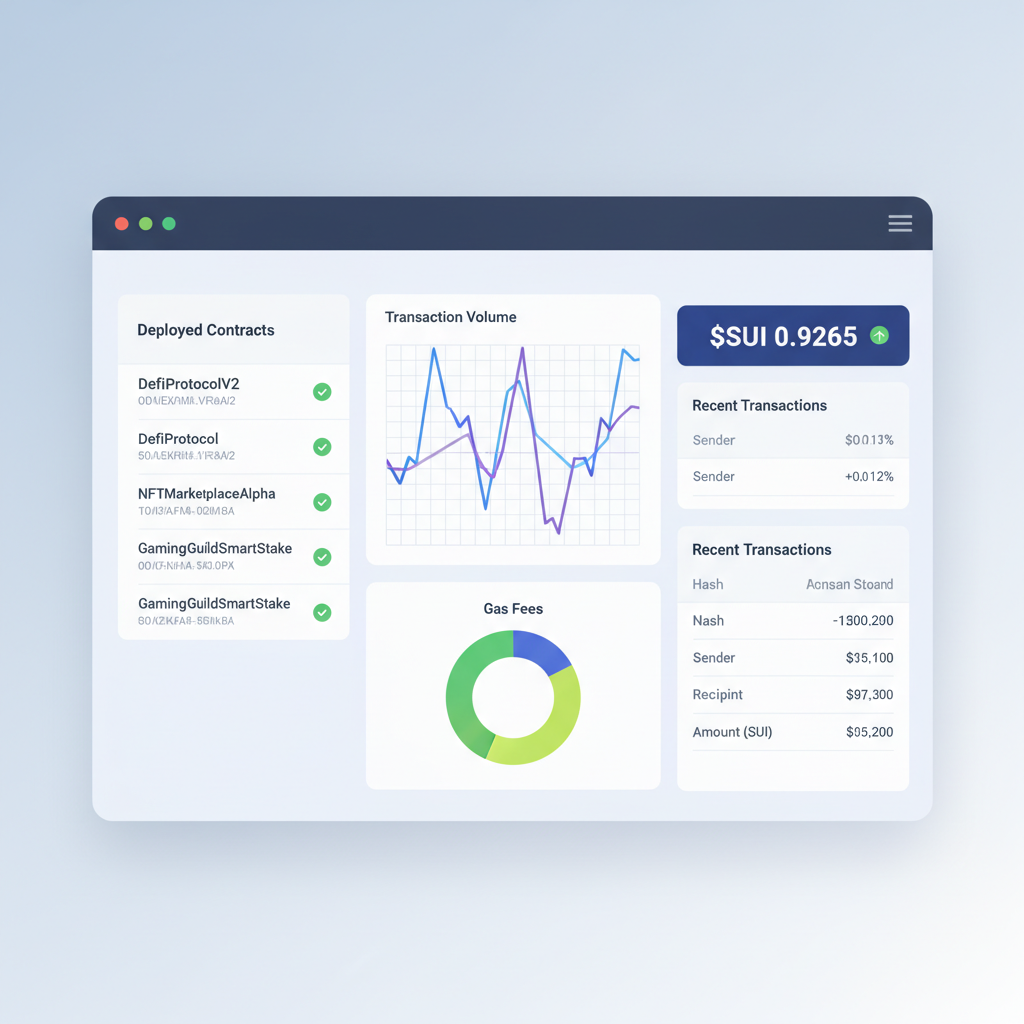 Sui explorer dashboard showing deployed contract, transaction graphs, price ticker $0.9265, sleek web UI mockup