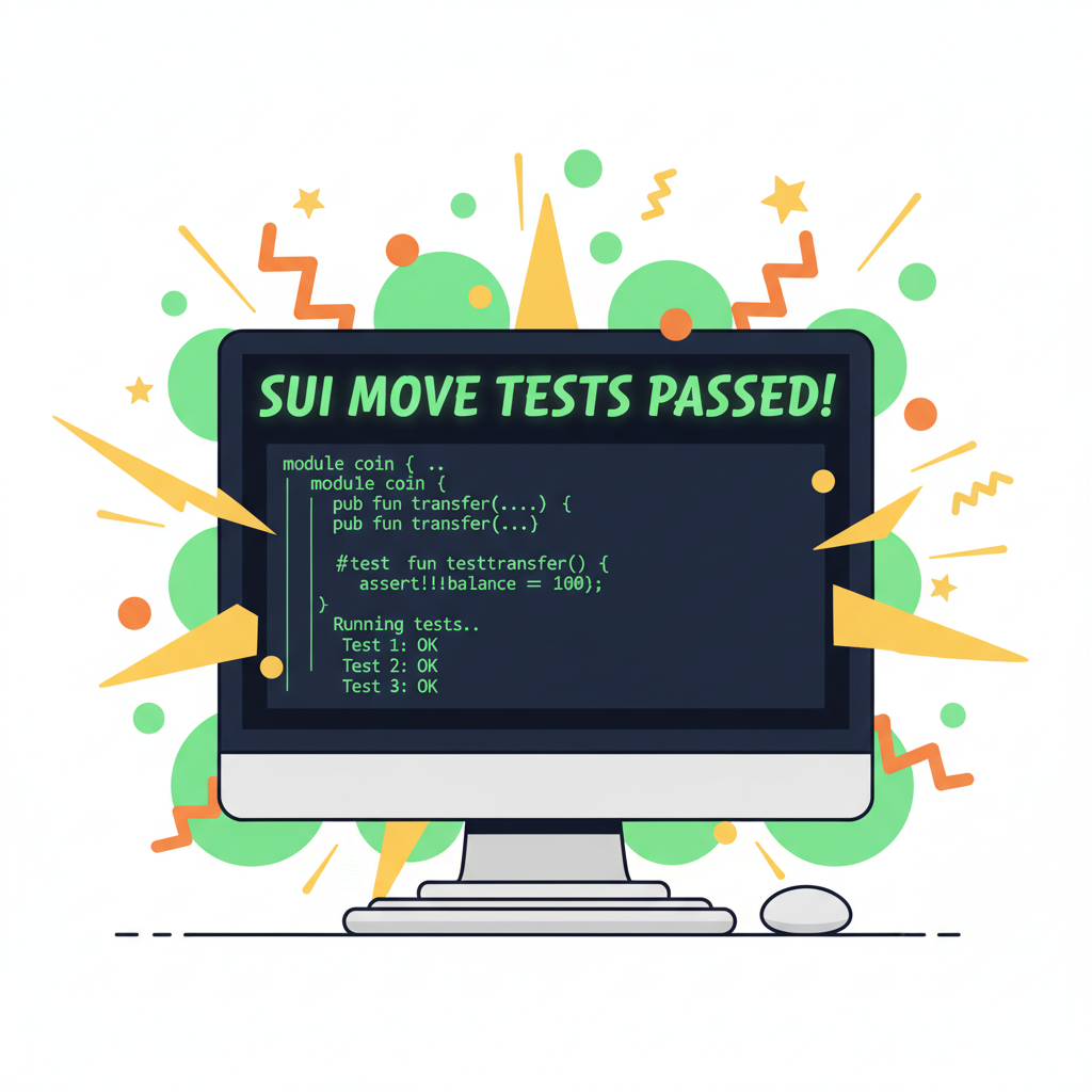 terminal running green passing tests, exploding success animations, Sui Move code snippets, high-energy graphic