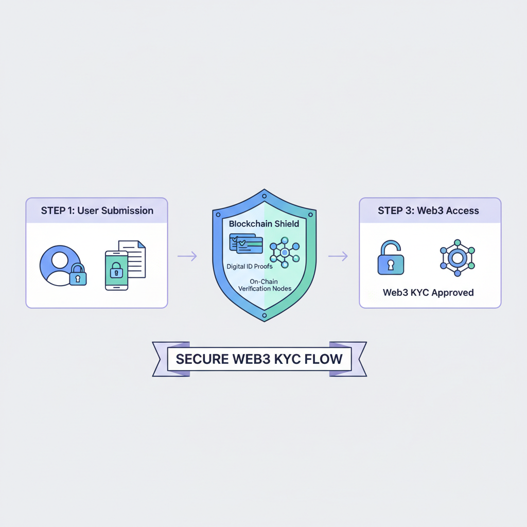 blockchain shield with digital ID proofs, on-chain verification nodes, secure Web3 KYC flow illustration