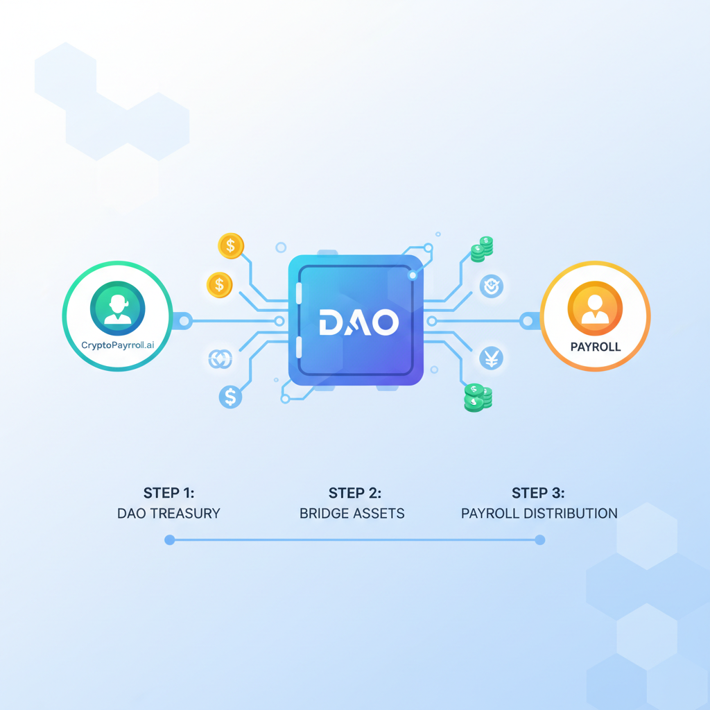 DAO treasury vault connecting via blockchain bridges to payroll platforms like CryptoPayroll.ai icons, glowing multi-currency flows