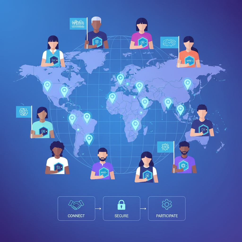 world map with glowing pins on countries, diverse avatars holding crypto wallets and flags, futuristic DAO vibe