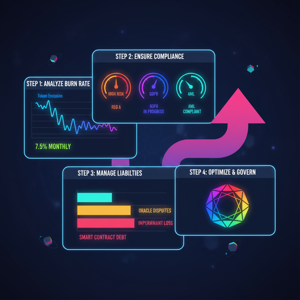 sleek dashboard screens showing burn rate charts, compliance gauges, liability graphs in neon Web3 style