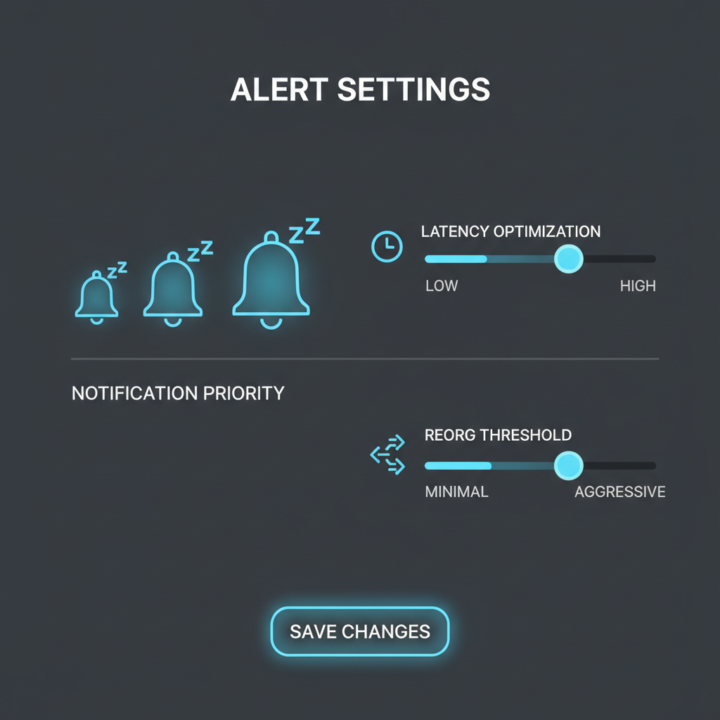 alert settings panel with bells and sliders for latency reorgs, dark mode tech interface