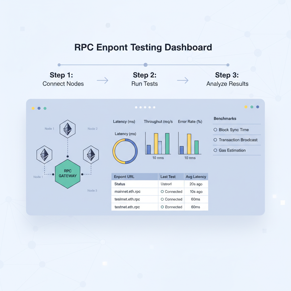 RPC endpoint testing dashboard with graphs and benchmarks, ethereum nodes connected
